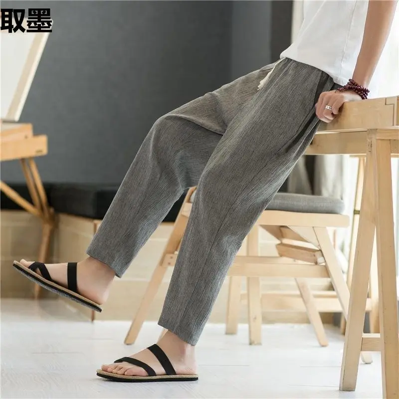 

Men Elastic Waist Linen Textured Ankle Pants Loose Fit Casual Trousers For Daily Beach Wear