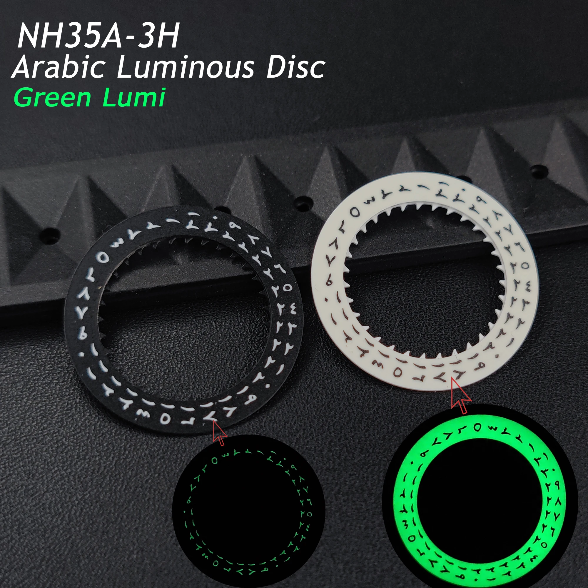 Rueda de fecha árabe luminosa verde/azul para movimiento NH34 NH35, piezas de disco Mod Lumi, traje de rueda de fecha árabe 3H negro/blanco para NH35A