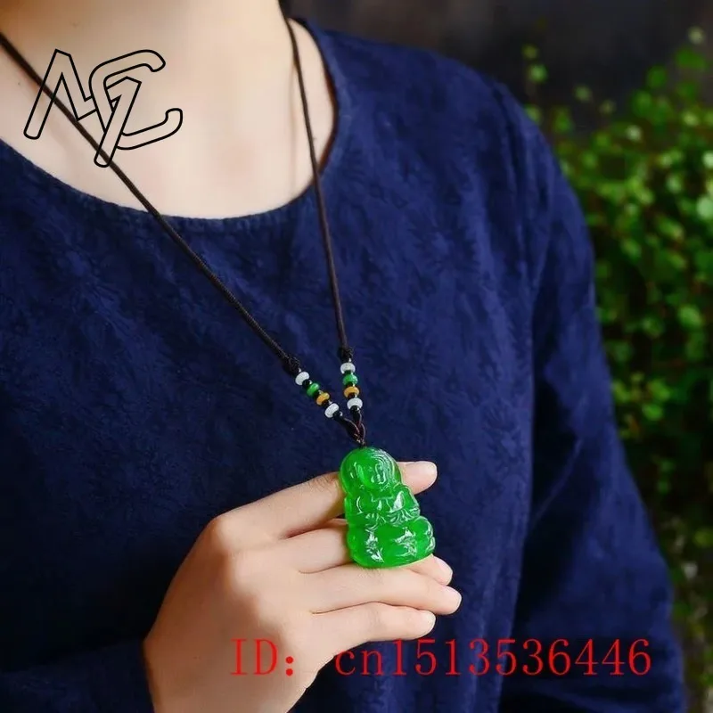 Carved Guanyin Jade Pendant Natural Chinese Green Jadeite Laughing Necklace Jewellery Fashion Amulet Gifts Sweater Chain