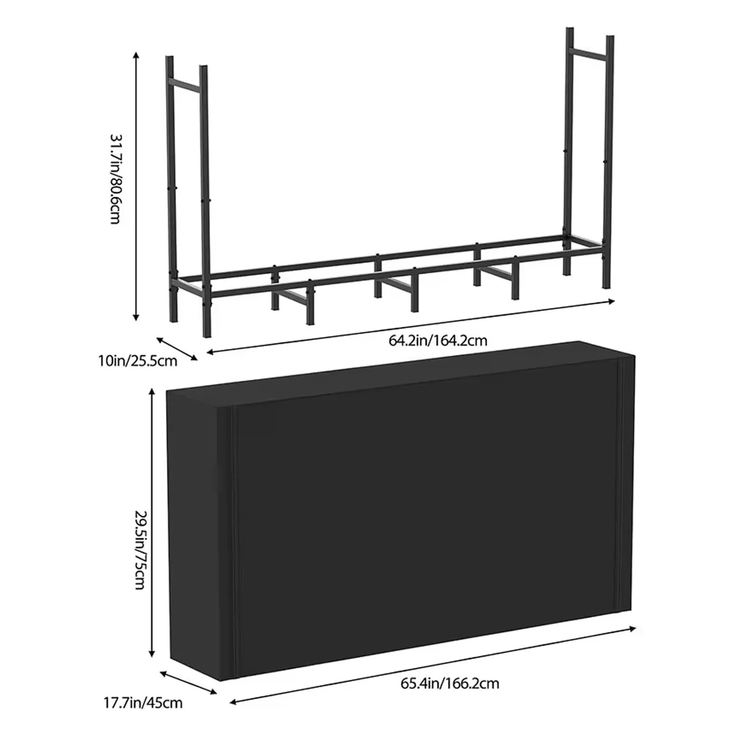 Outdoor Firewood Log Rack with Cover, Firewood Log Holder, Adjustable Firewood Rack, Black, Waterproof, 5.3ft