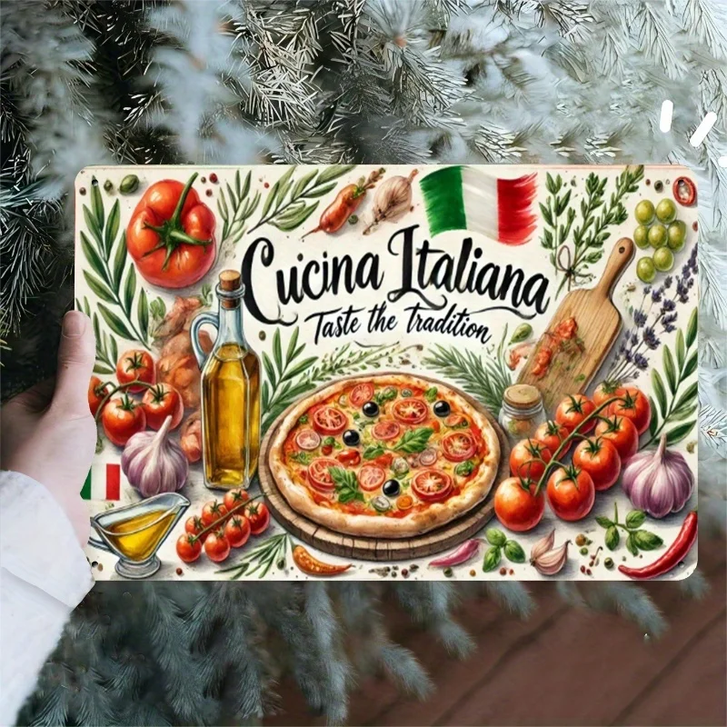 لوحة فنية جدارية من Cucina الإيطالية - لافتة ألومنيوم نابضة بالحياة مع البيتزا والطماطم والأعشاب - مثالية لديكور المنزل والمقهى والهدايا
