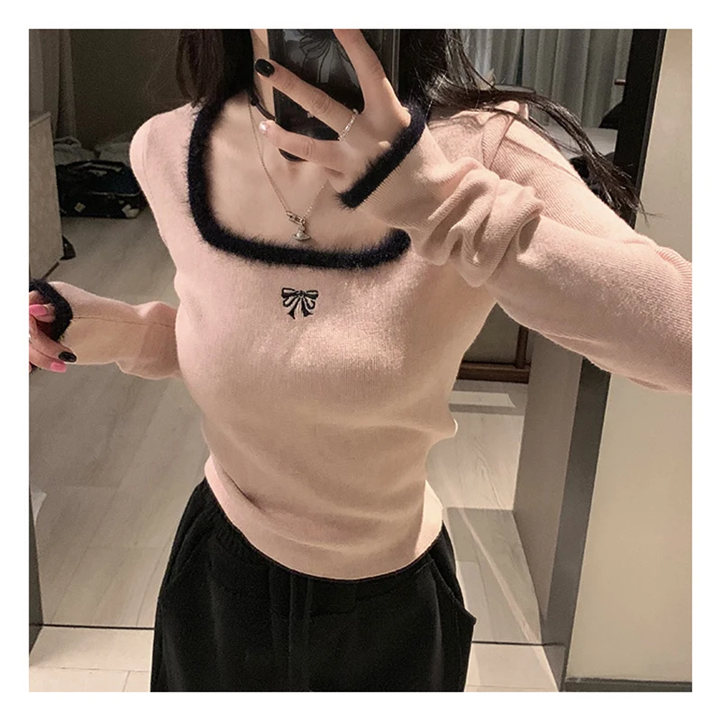 ITOOLIN Winter Women Butterfly Embroidered T-shirts Square Neck Long Sleeve Patchwork Y2K T-Shirts Autumn Women Casual Tees