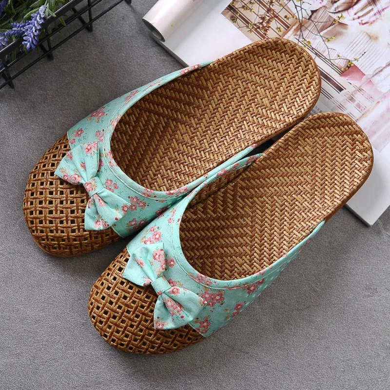 Women Flax Slippers 2023 Casual Slides Floral Bow Linen Casual Indoor Shoes Woman Summer Sandals Zapatillas De Mujer