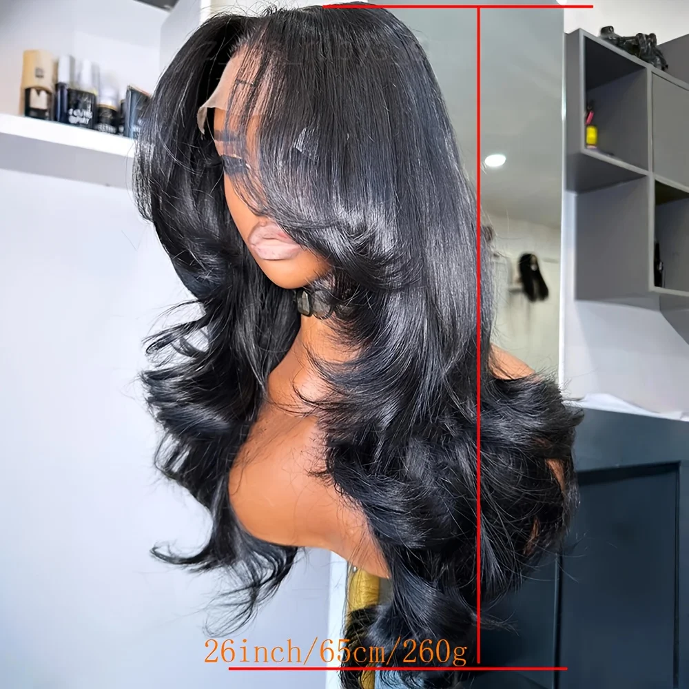 شعر مستعار أسود طويل 26 بوصة بدون صمغ مموج مسبقًا 180% كثافة باروكة أمامية من الدانتيل مع درجة حرارة حرارة BabyHair يوميًا