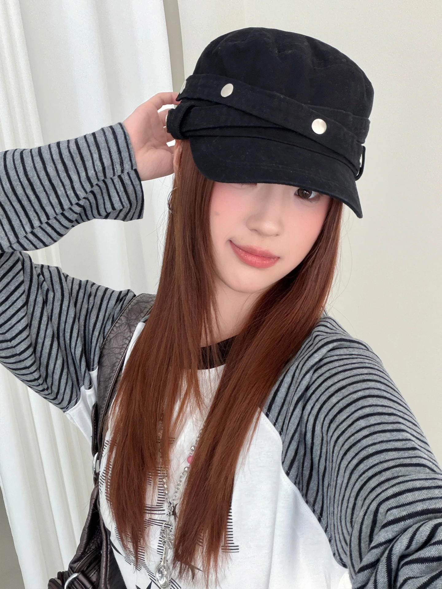American Y2K Distressed Washed Denim Studded Flat Top Hat Women's Hot Girl Style Sun Hat Commuting Baseball Cap