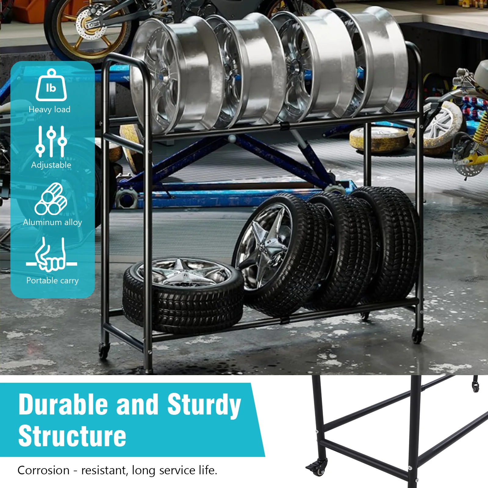 

Стеллаж для хранения шин 24.8-42.51x15.35x44.09 дюймов, для гаража и склада, с 4 поворотными колесами