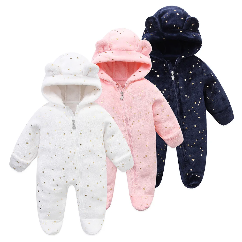 Newborn Baby Autumn Winter Soft Flannel Romper Toddler Cute Star Sequins Hooded Zipper Warm One-piece Rompers Infant Playsuit