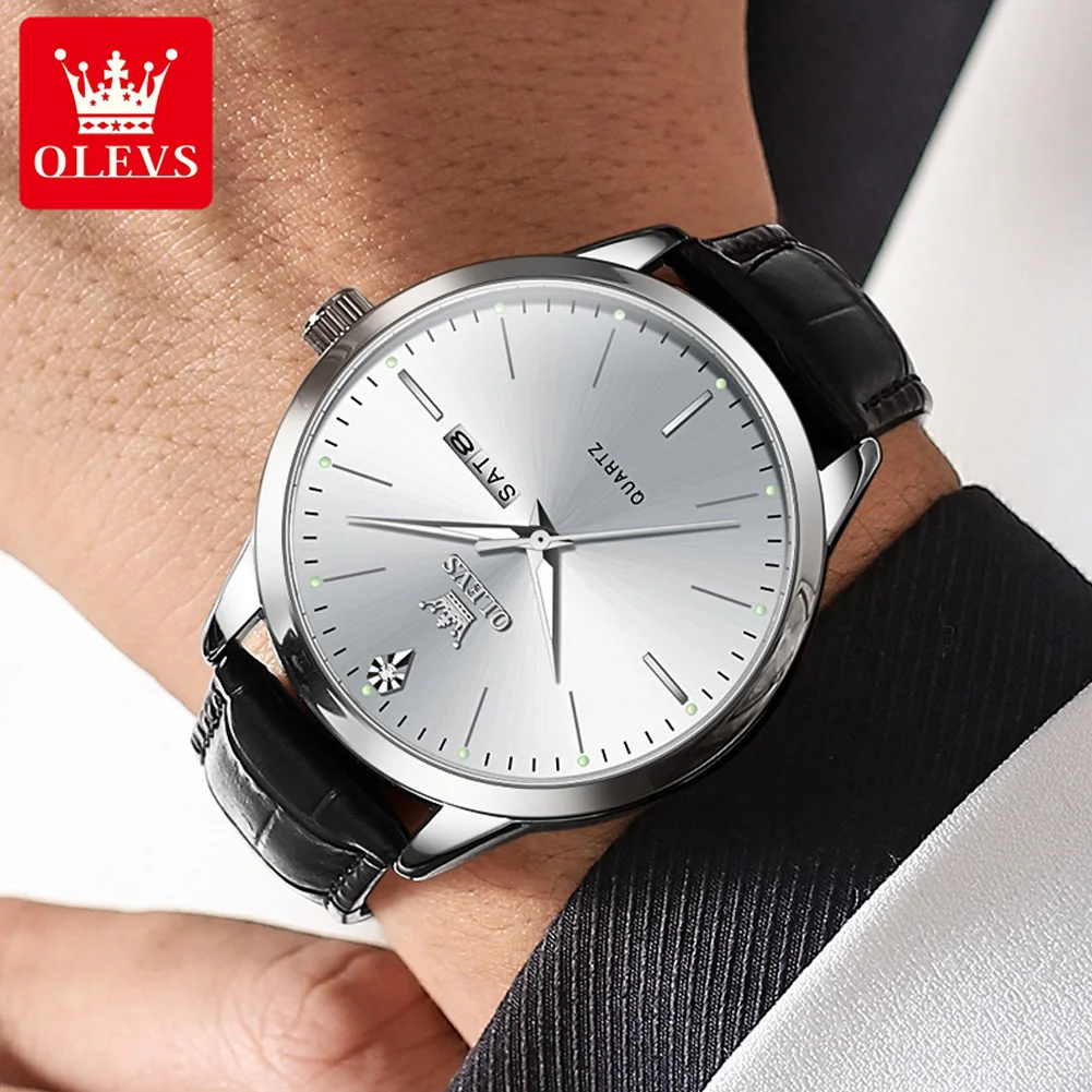 OLEVS Top Original Quartz Watches for Men Simplicity Dual Calendar Large Dial Leather Strap Waterproof Luminous Men\'s Wristwatch