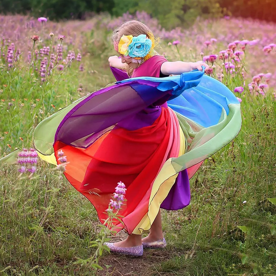 1 2 3 4 5 6 7 8 Years Rainbow Girl Summer Dress Kids Colorful Swing Flared Dresses Children Birthday Party Pink Clothes for Kids