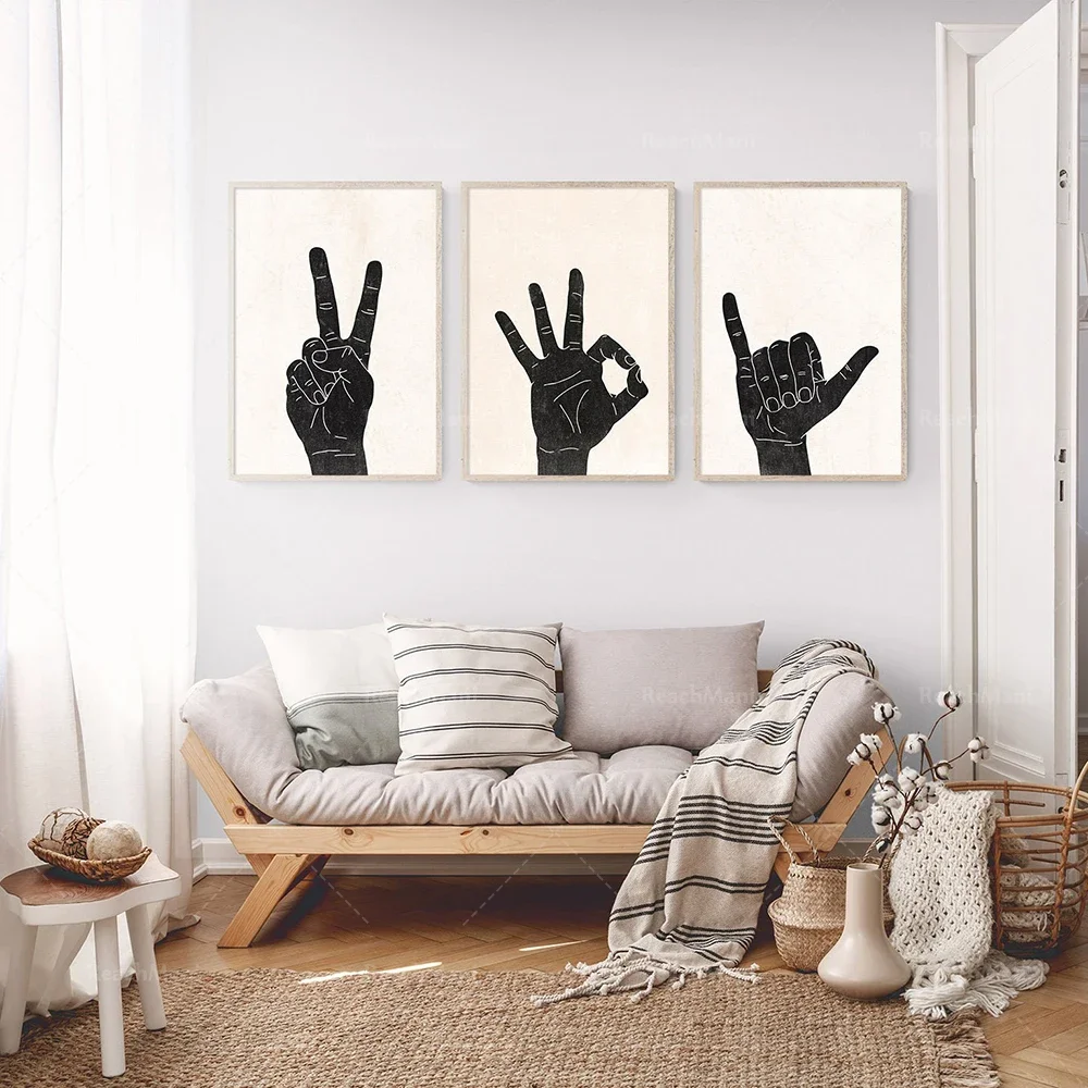 Peace sign, OK gesture, Shaka hand wall art gesture 3 decorative canvas art poster printing