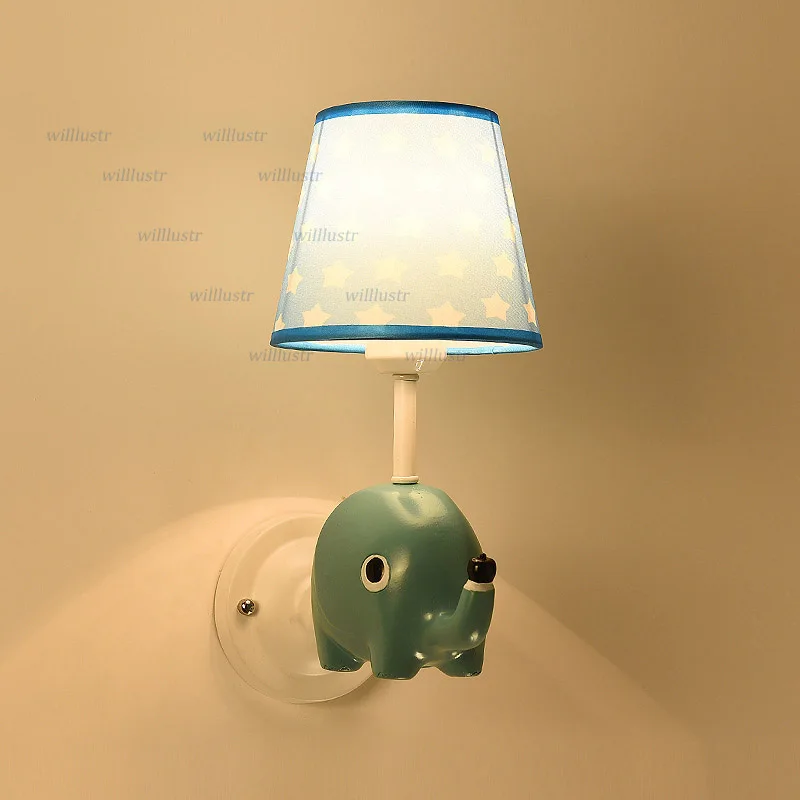 Modern Resin Doll Wall Lamp Cartoon Fabric Sconce Kids Bedroom Nursery Kindergarten Light Lovable Horse Bear Elephant Design