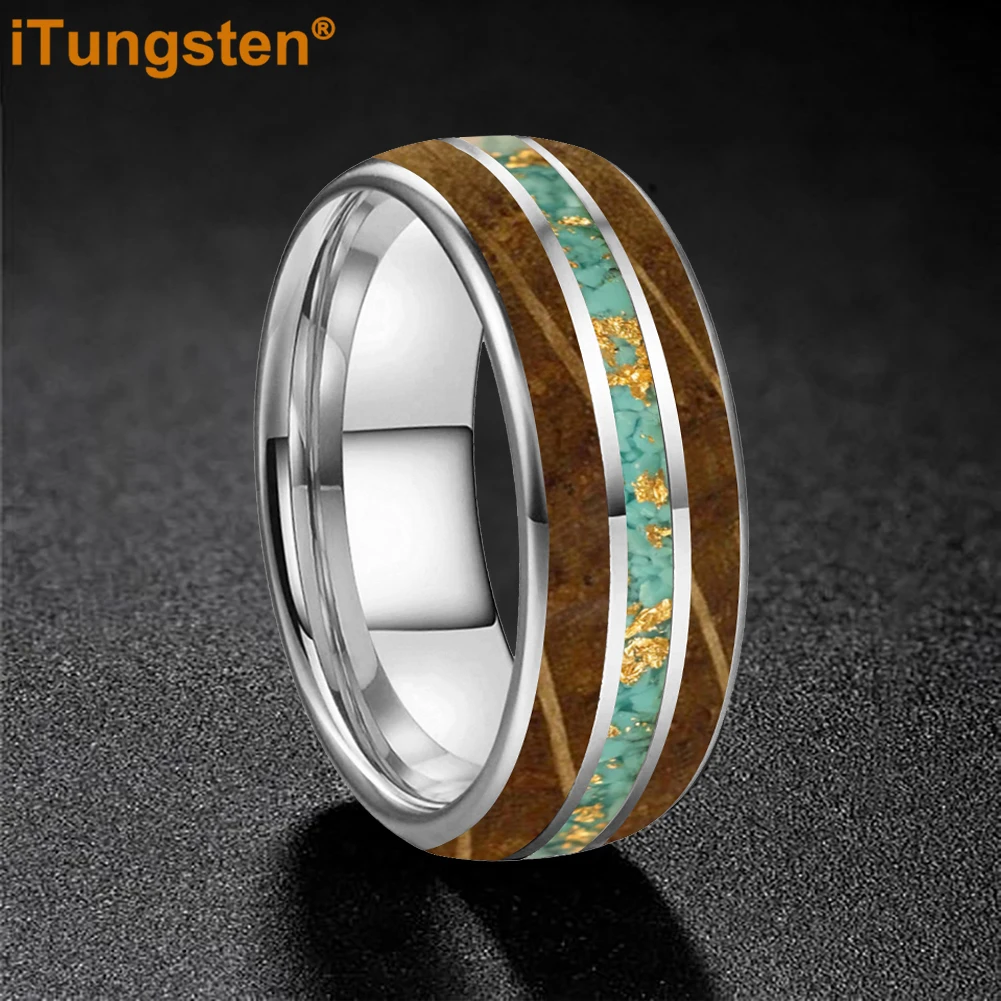 iTungsten 8mm - Unisex Tungsten Carbide ring Men’s Women’s Wedding Bands With Whiskey Wood And Turquoise Gold Foil Inlay view 4