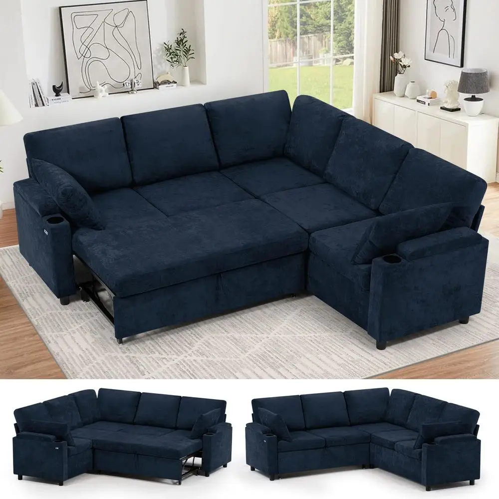 Chenille Reversible Sectional Sofa w PullOut Bed, Upholstery LShaped Couch w Storage Armrests amp Cup Holders, Modern Corner So