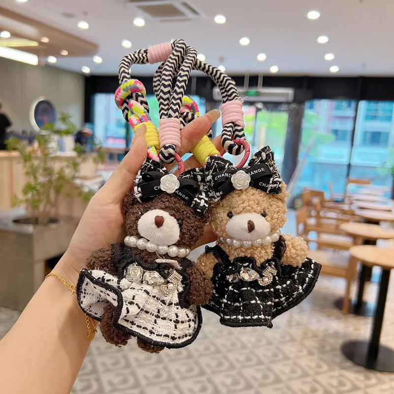 

Cute Bear Plush Keychain 13.5CM Handmade Braided Bow Car Bag Charm Pendant for Girls Women Kids Gift Daily Accessory