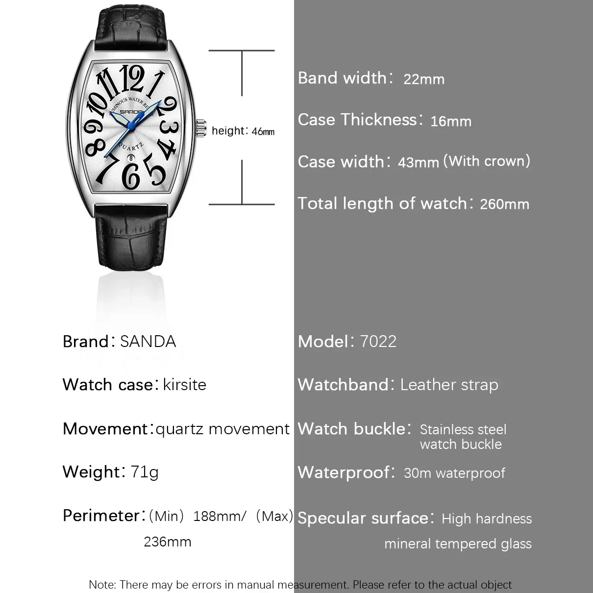 SANDA Orologio da polso al quarzo alla moda, delicato e semplice, impermeabile, con quadrante a forma di botte, design nottilucente