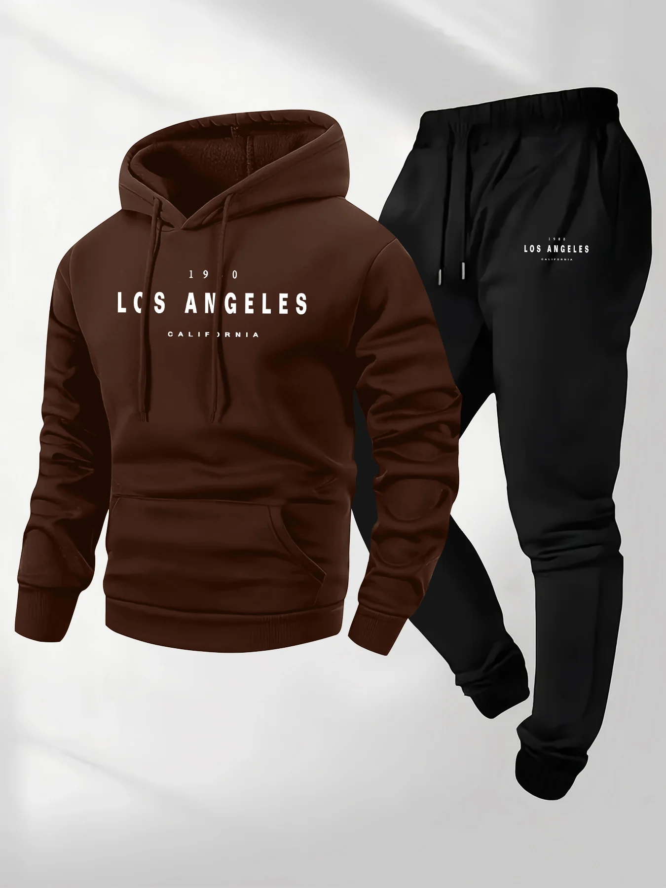 Los Angeles Print Men's Long-Sleeve Hooded Sweatshirt Two-Piece Set, Casual Sporty Fashionable Sweatshirt and Sweatpants