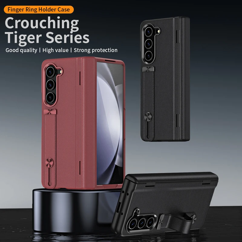 For Samsung Galaxy Z Fold 6 5 4 Case Leather Hinge Protection Finger Ring Holder Case With Glass Film For Galaxy Z Fold 6