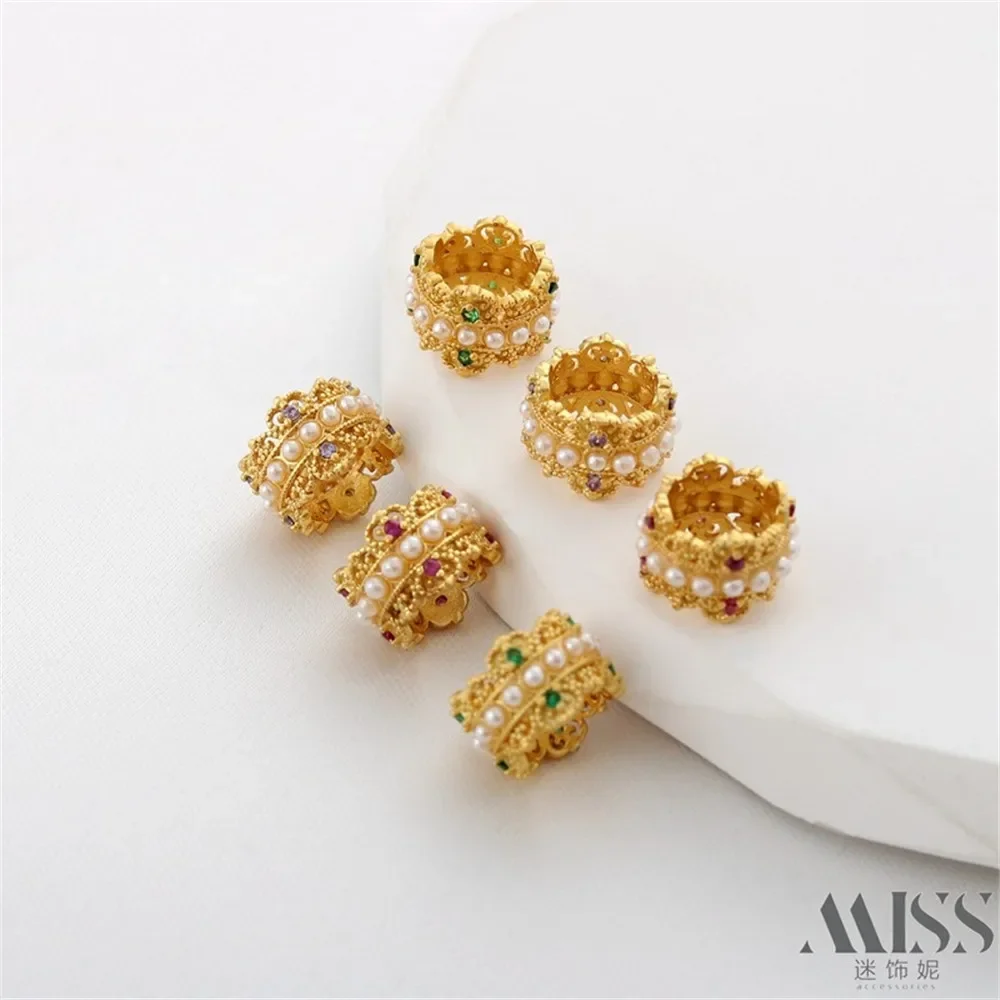 18K Gold-plated Matte Gold Inlaid Pearl Zircon Bead Transportation Bead DIY Handmade Running Circle Flower Wreath Accessories
