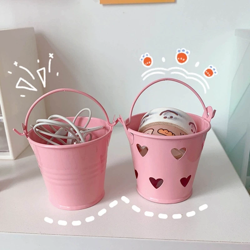 

Cute Pink Bucket Pencil Holder Metal Pen Cup Decorative Desktop Storage Organizer for Makeup Brush Stationery Tape Rule Dropship
