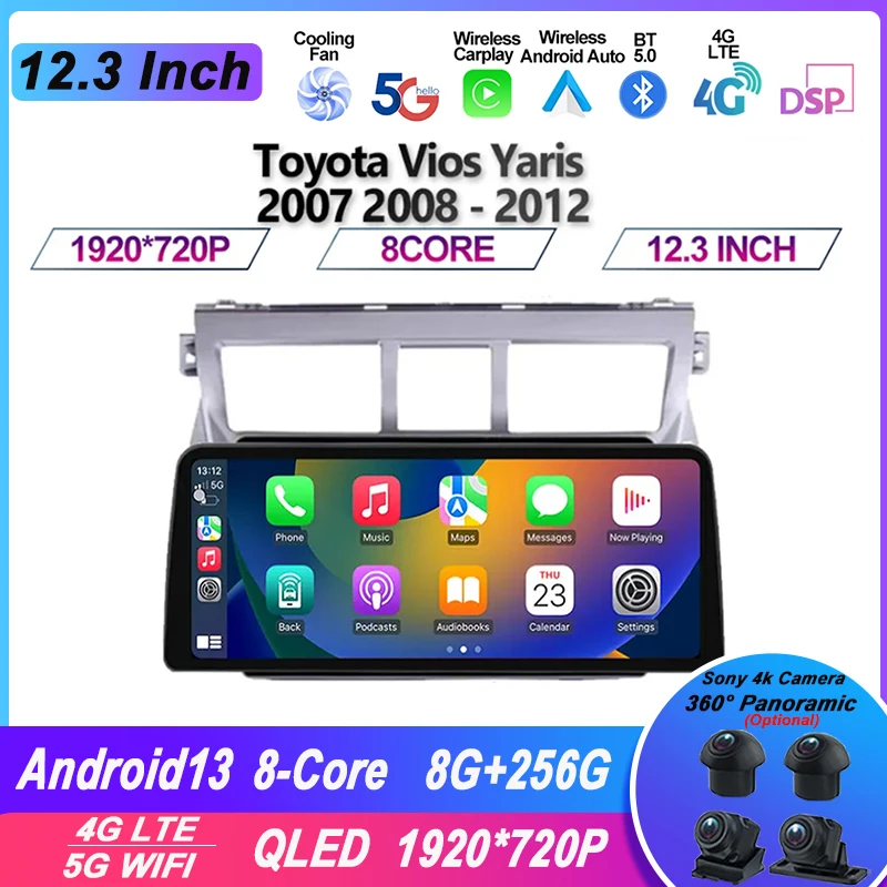 

12.3Inch Screen Android 13 For Toyota Vios Yaris 2007 - 2012 Car Radio Stereo GPS Navigation Central Multimedia player Carplay