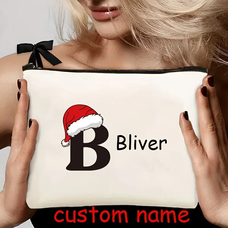 Custom Name Christmas Santa Hat Monogram Letter Makeup Bag Personalized Zipper Cosmetic Pouch Holiday Gift for Women