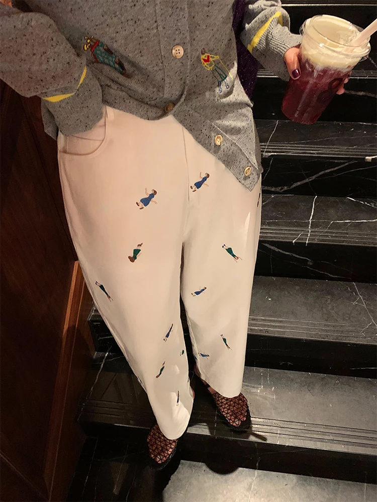 

High Waist Loose Women's Pants White Printed Autumn Faion Korean Sle Commute Long Cotton Trousers Versatile Casual Pants
