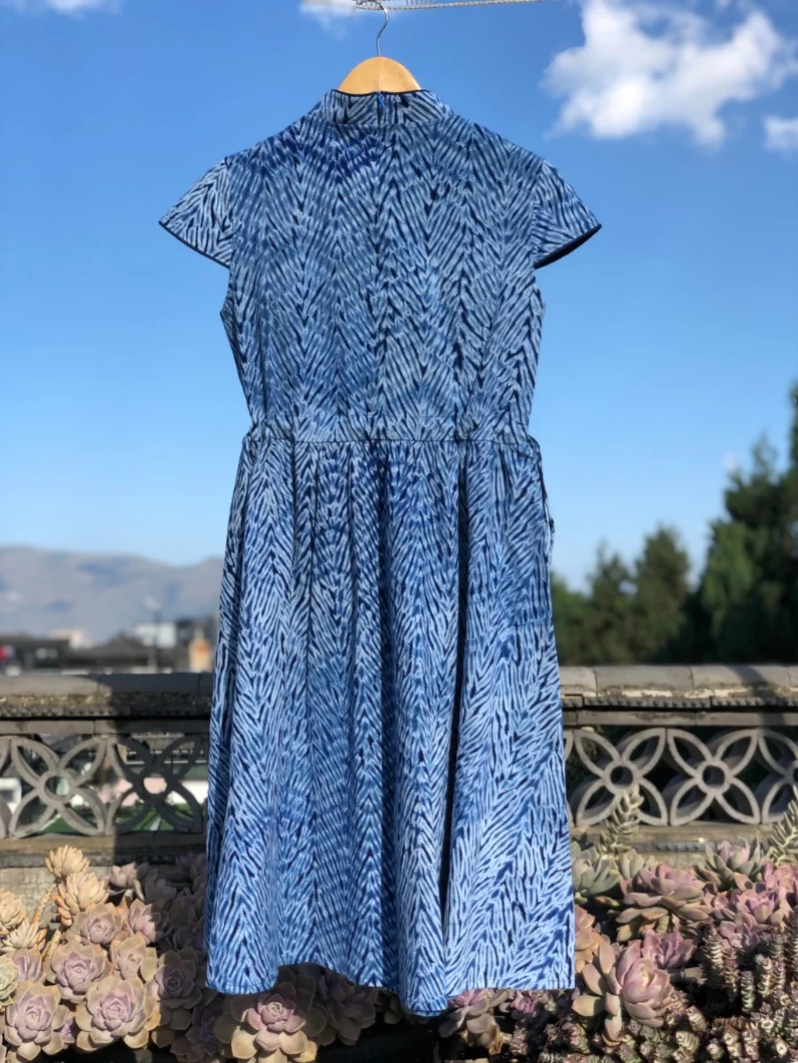 Tie-Dyed Small Stand Collar Bamboo Leaf Pattern Dress Yunnan Dali Bai Ethnic Handmade Blue Dyed Cotton