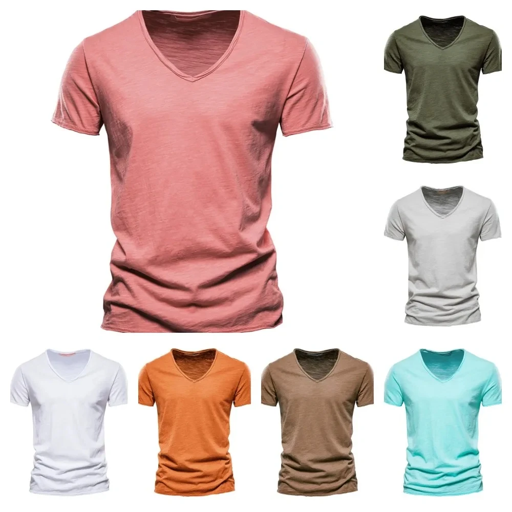 100% Cotton V-neck Men's T-shirt Fitness Sports Running Slim Solid Color T-shirt Men's Top T-shirt Summer Short Sleeve T-shirt M