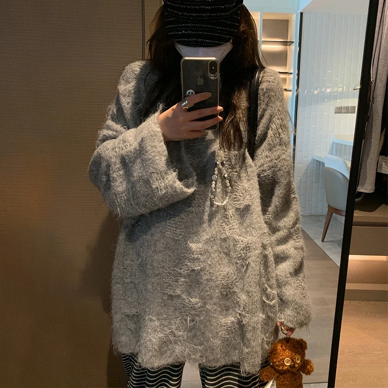 Lazy Style Frayed Sweater Women Autumn Winter Soft Warm Harajuku O-Neck Pullover Sweaters Y2K Trend Knitted Pullovers Tops Woman