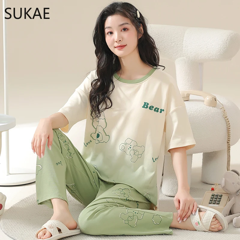 SUKAE Cotton Women\'s Pajama Short Sleeves Nightwear Summer Women Pajamas Set Plus Size M-5XL Sleepwear Korean Pijamas for Girl