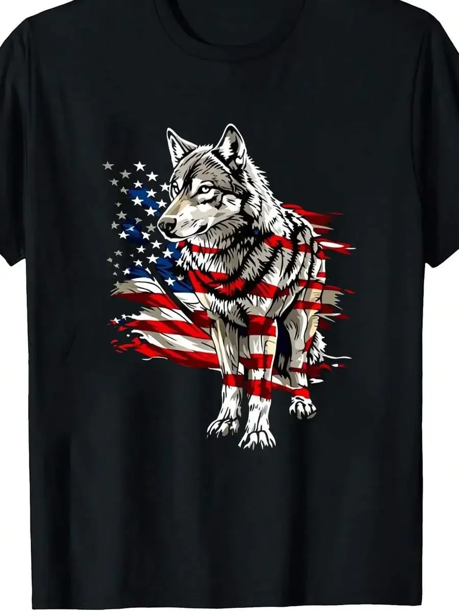 1pc Men's Wolf American Flag Print Black TShirt, Crew Neck, Casual Cotton Tee Medium Stretch Knit Fabric, Men's Regular Fit, Siz