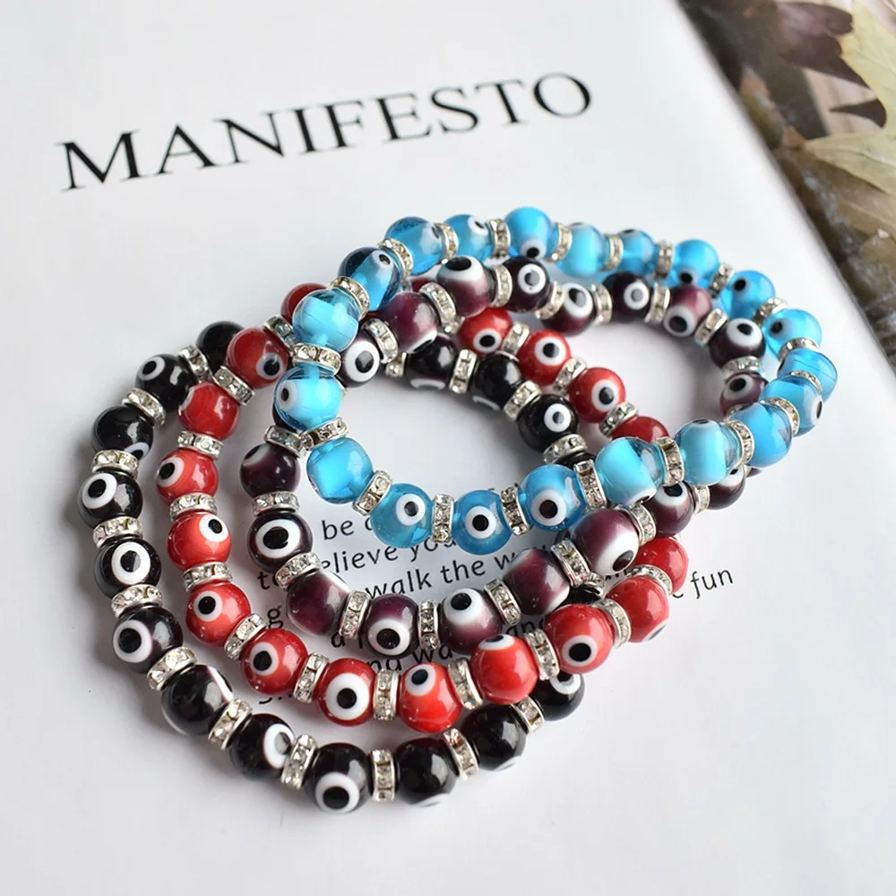 10pcs 6mm 8mm Coloured Glaze Evil Eyes White Yellow Balck Blue Eyes Elastic String Bracelet for Women Men Jewelry wholesale