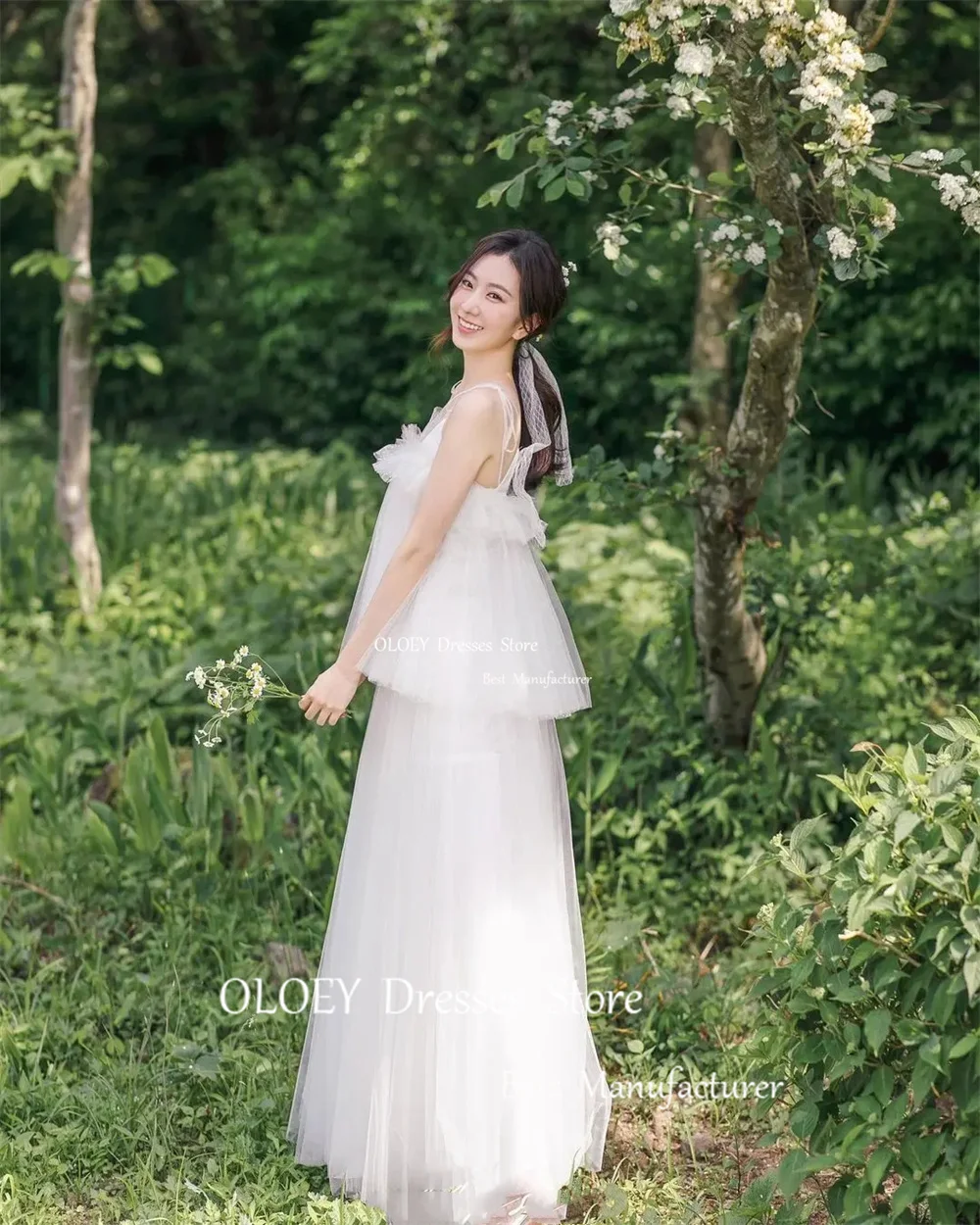 OLOEY Simple Korea Ivory Wedding Dress A Line Soft Tulle Bridal Gown Sleeveless V Neck Spaghetti Straps Ankle Length 웨딩드레스