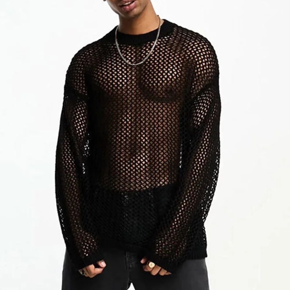 

Y2k Mens T-Shirt Knitted Mesh Translucent Sexy T-Shirt Autumn Casual Sunscreen Shoulder Knitted Hollow Top Men's Clothing 2024