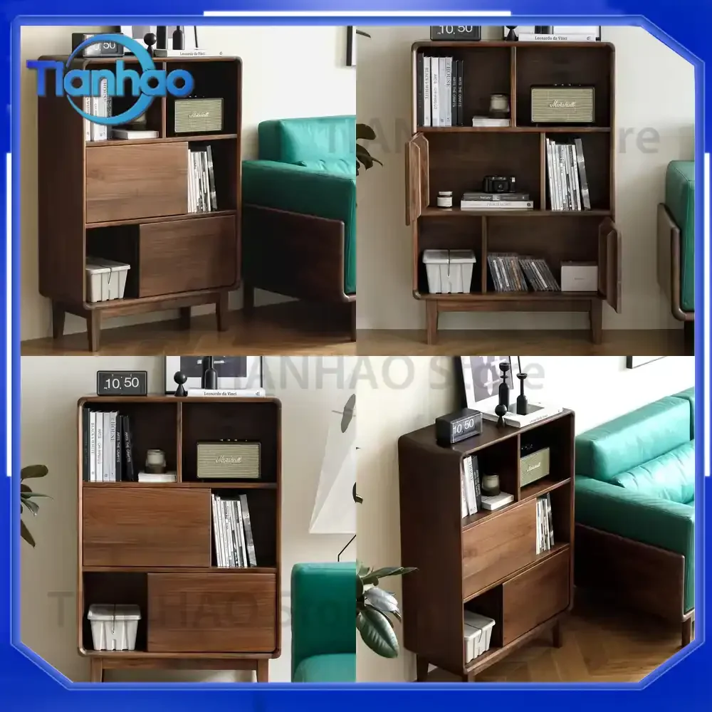 Solid Black Walnut Floor Standing Bookcase and Bookshelf with Doors and Back Panel for Home Furniture