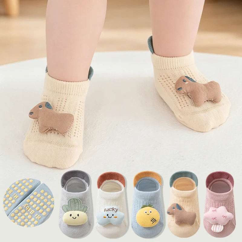 5 Pairs 3D Cartoon Baby Floor Socks Ultra Thin Mesh Non-slip Silicone Sole Toddler Socks For Newborn Infant Indoor Home Walking