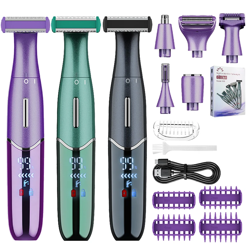 

6-in-1 Women's Electric Shaver Replaceable Heads for Whole Body Private Epilator Shaving Razor Nose Hair Trimmer