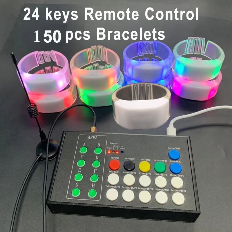 

150pcs/Lot New Led TPU Silicone Bracelets 24Keys 400 Meters 433.92MHz 8 Areas Remote Control Glowing Wristbands For Party Event