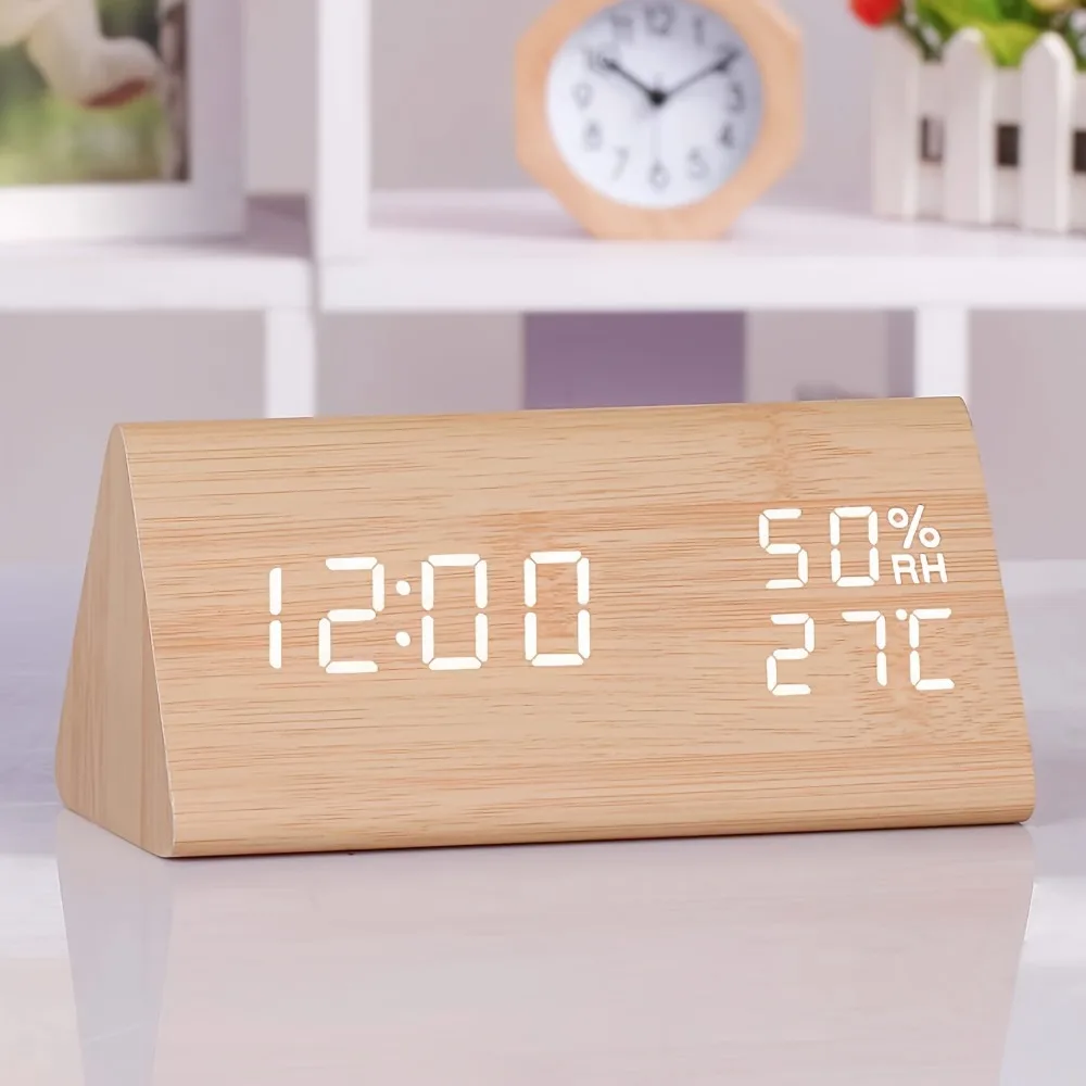 Triangular Wooden LED Alarm Clock Humidity and Temperature Display Adjustable Brightness Digital Alarm Clock Voice-activated