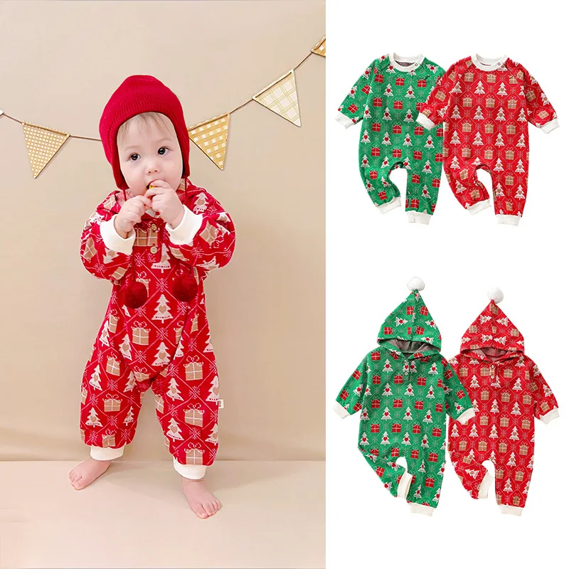 

Newborn Girls Bodysuit Christmas Autumn Winter Long Sleeve Tree Print Horn Button Cotton Baby Girls Jumpsuit Infant Girls Romper