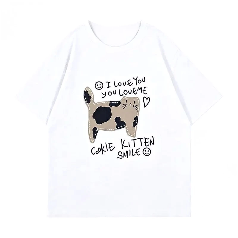 Cartoon Cat Printed Men's and Women's T-shirt Personalized Short Sleeved Fashionable Casual Round Neck Sale Clothes for Women