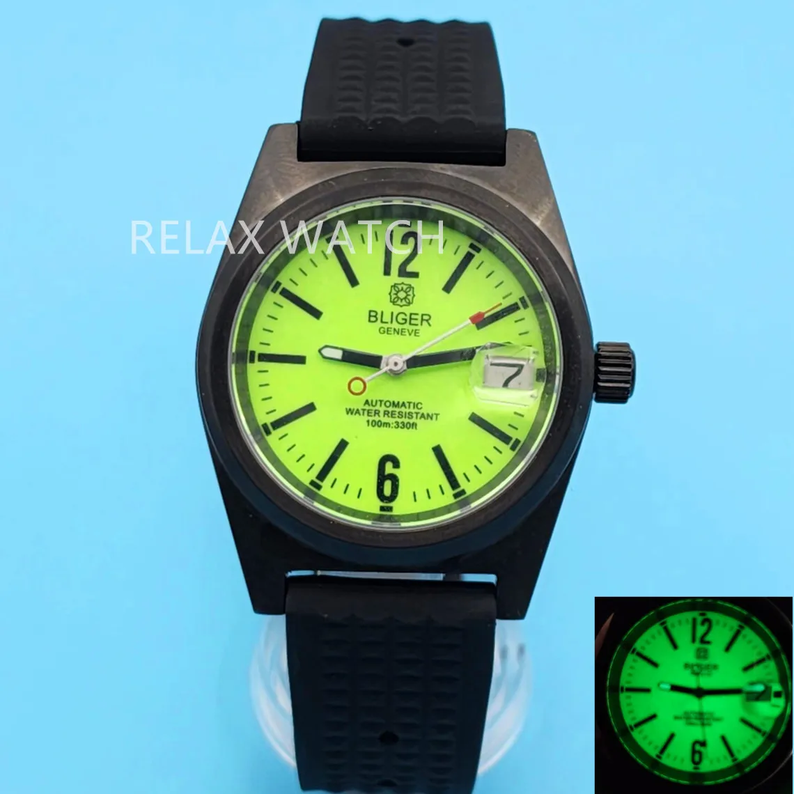 

38mm 2023 New Sapphire Glass Full Luminescent Dial Stainless Steel Watch Rubber Strap Japan Nh35 Automatic Movement BLACK