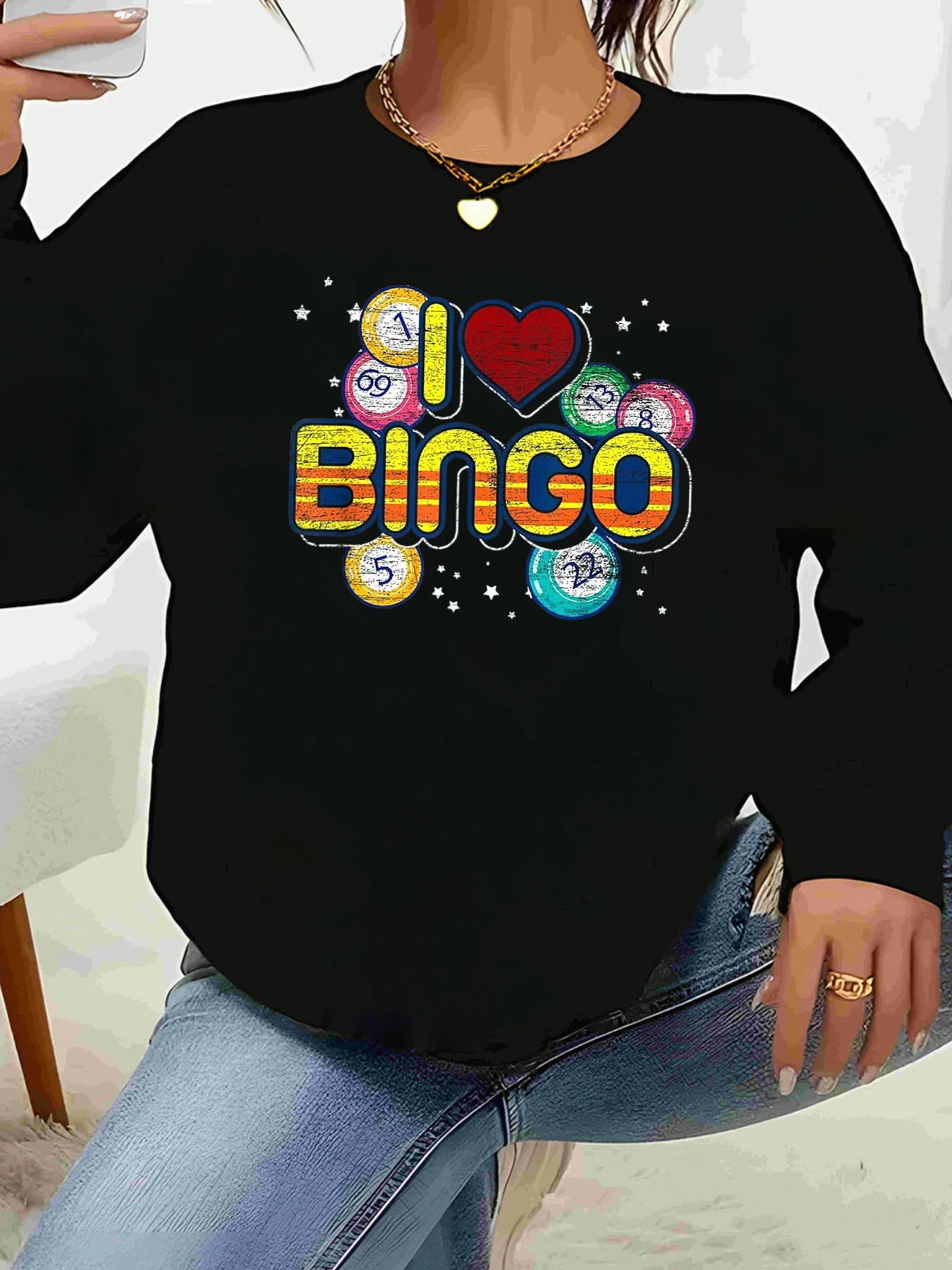 

Футболка с длинными рукавами с принтом «Я люблю бинго», повседневная одежда для женщин, вечерние забавные игры