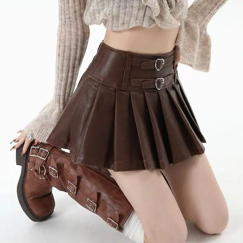 Women PU Leather Skirts 2026 New Autumn Women High Waist Pleated Skirt Retro Faux Leather Mini Skirt Slim A Line Short Skirt