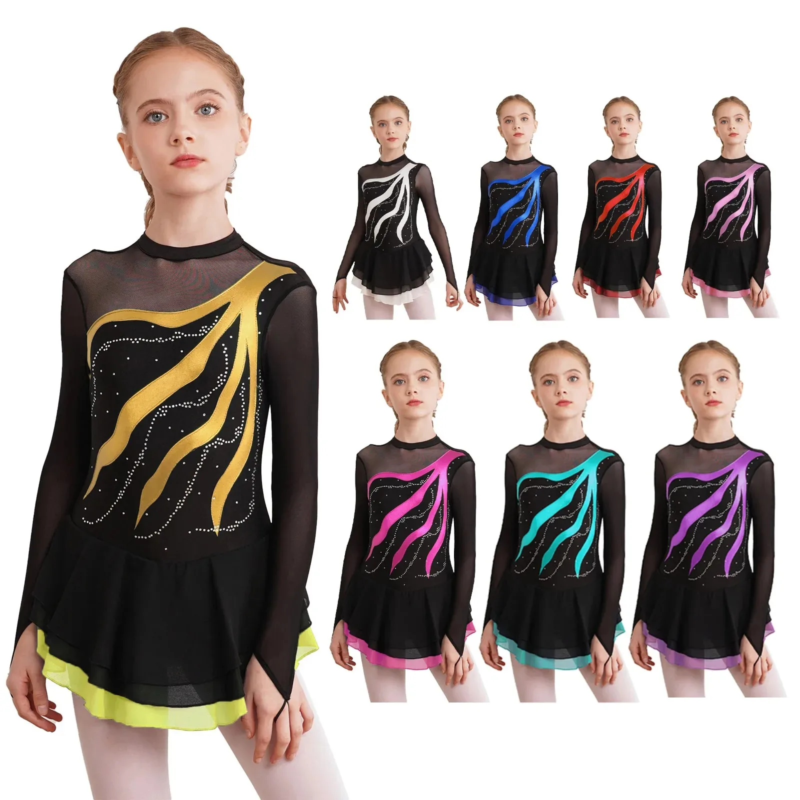 Figure Skating Dress Kids Girls Long Sleeve Rhinestone Patchwork Ballet Gymnastics Leotard Dance Dress for Dancing Competition