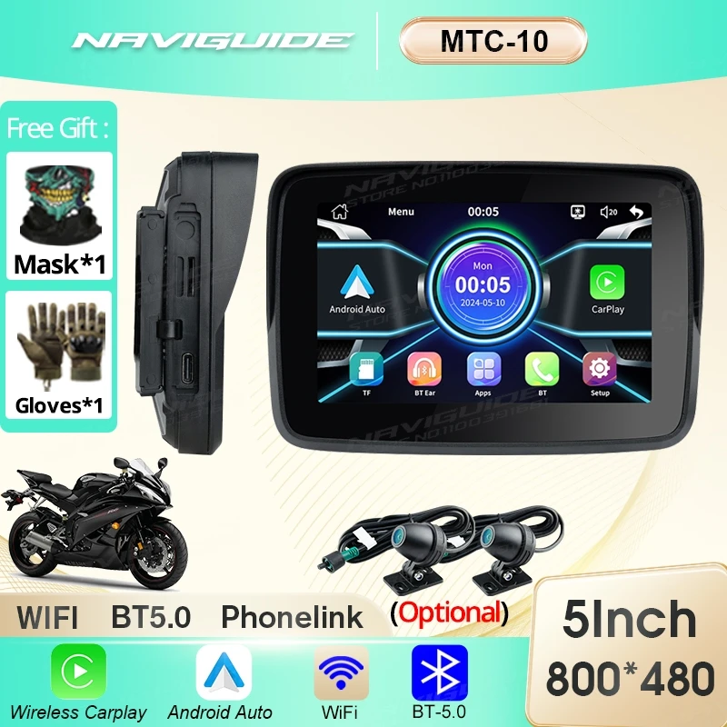 

NAVIGUIDE MTC-10 5inch 800*480P Motorcycle Wireless Carplay Display Screen Android Auto Moto Navigation Monitor