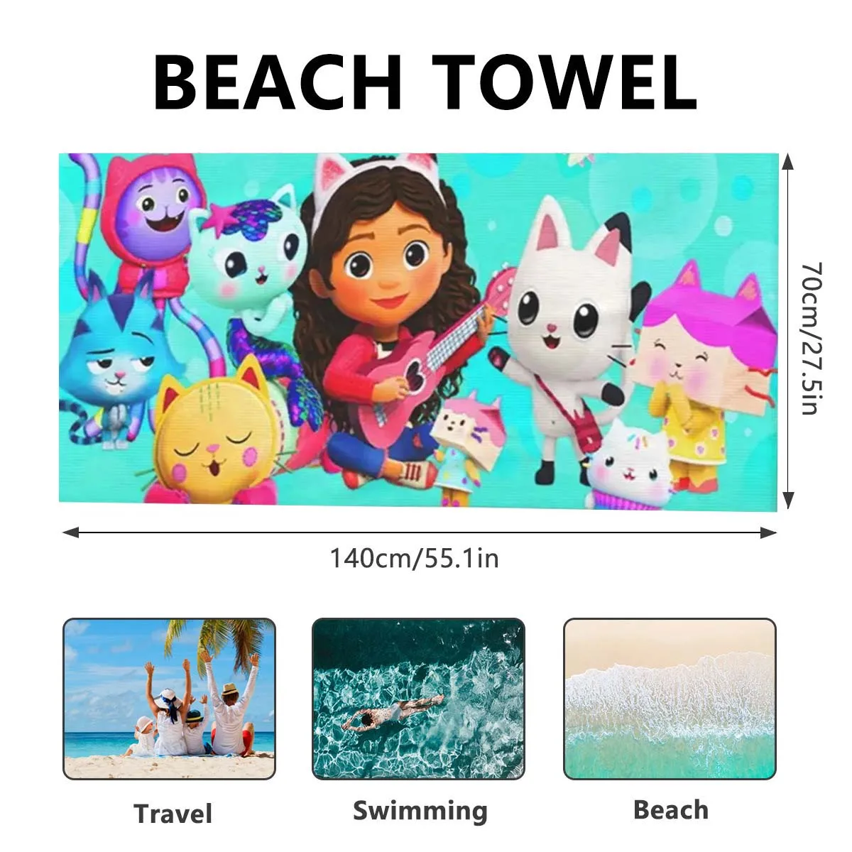 Gabby\'s Dollhouse Bath Towel 3D Printed Microfiber Soft Water Absorbing Breathable For Girl Kids Decorative Cartoon Beach Towel