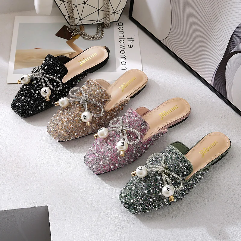 

Luxury Square Toe Pearl Rhinestone Bow Women Slippers Sequin Flats Shoes Female Dress Slides Slip On Sandals Muller Shoes Ladies