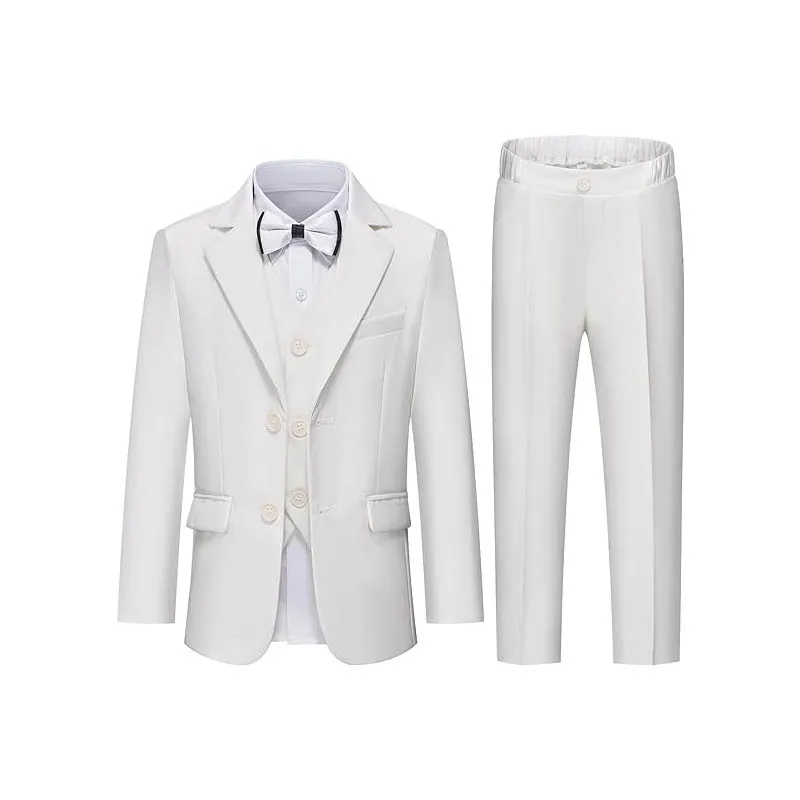 

Gentleman Kids White Baptism Photograph Suit Children Slim Jacket Vest Pants Bowtie 4P Piano Dress Boys Prom Performance Costume