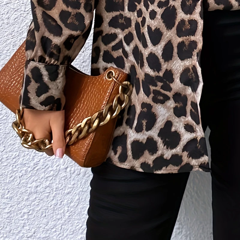 Plus Size Leopard Print Button Front Shirt, Casual Long Sleeve Shirt For Spring & Fall, Women\'s Plus Size Clothing